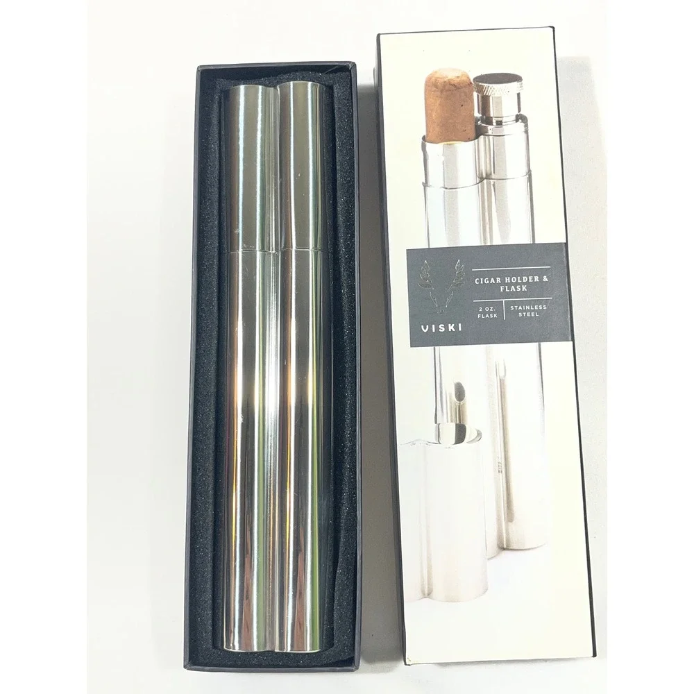 Viski Stainless Steel Cigar Holder & 2 oz Flask‎ Combo Polished Silver Barware